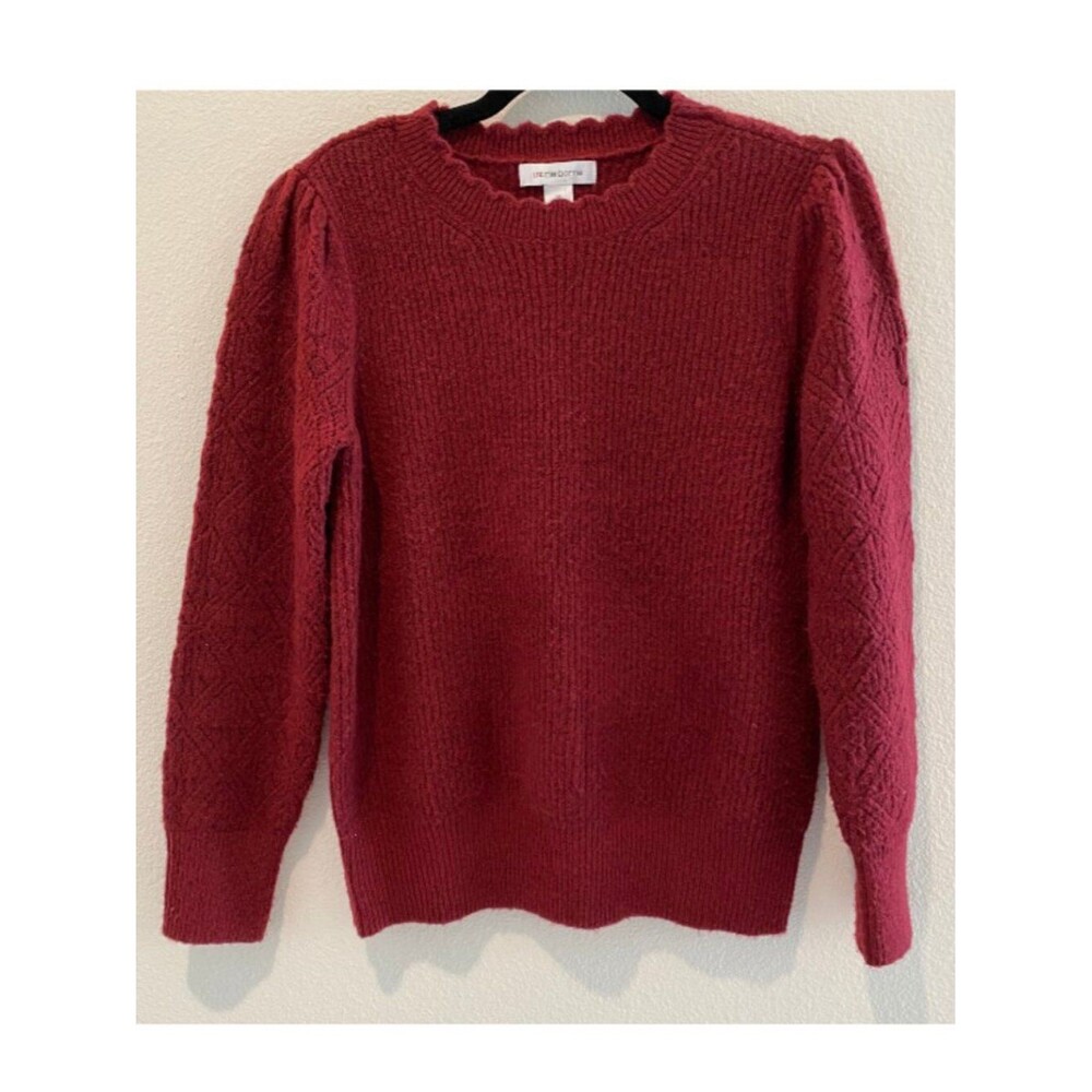 Liz Claiborne Burgundy Ruffle Neck Long Sleeve Sweater Medium Puff Sleeve Argyle